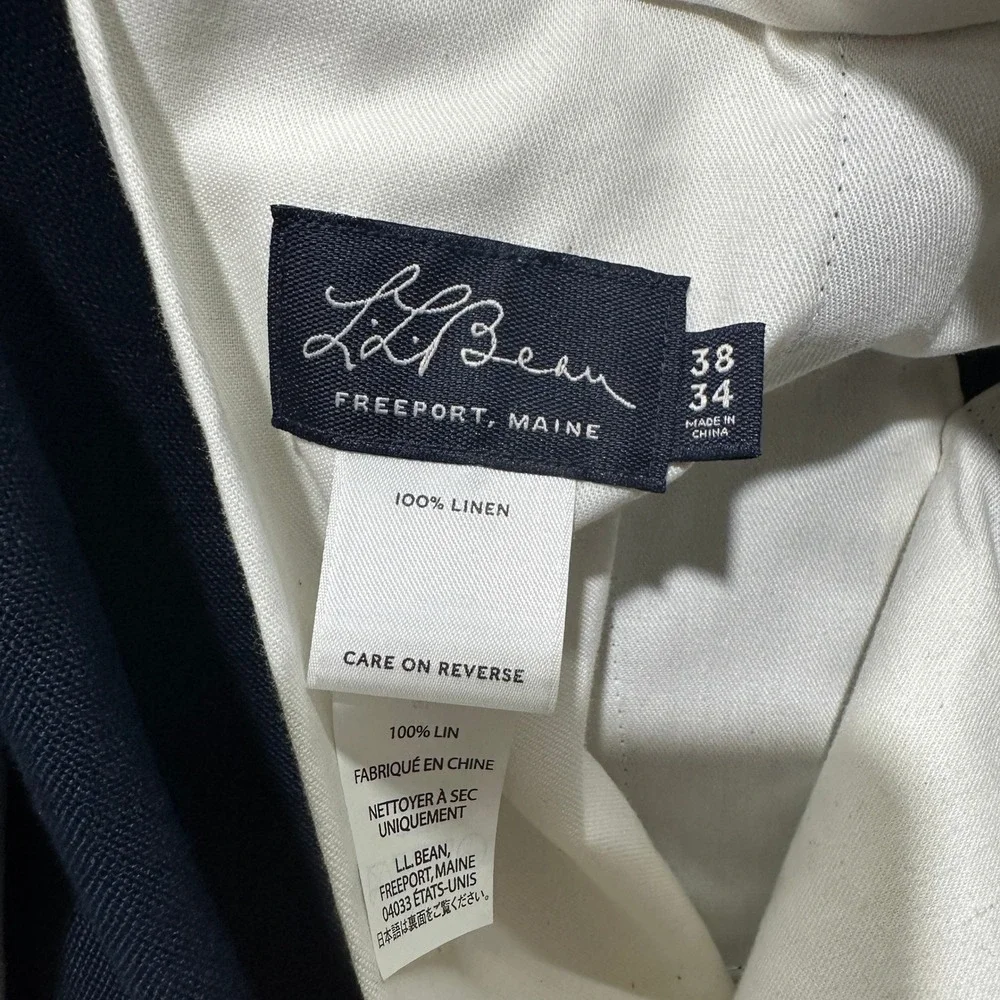 LL Bean Signature Kennebunk 100% Linen Pants Mens 38x34 Navy Blue Coastal Summer